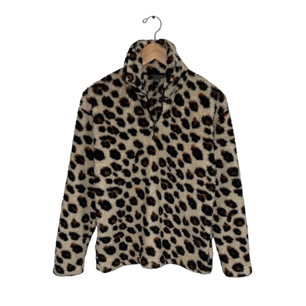 Eddie Bauer Quest Plush‎ 1/4 Zip Sherpa Sweater Leopard Print Women’s XS/S